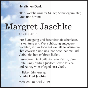Traueranzeige von Margret Jaschke von WVG - Wochenspiegel Dessau / Köthen