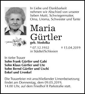 Traueranzeige von Maria Gürtler von Mitteldeutsche Zeitung