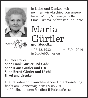 Traueranzeige von Maria Gürtler von Super Sonntag Bernburg