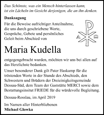 Traueranzeige von Maria Kudella von Mitteldeutsche Zeitung Dessau-Roßlau