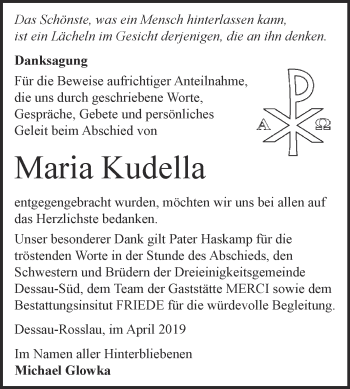 Traueranzeige von Maria Kudella von Super Sonntag Dessau / Köthen