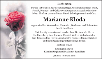 Traueranzeige von Marianne Kloda von WVG - Wochenspiegel Bitterfeld