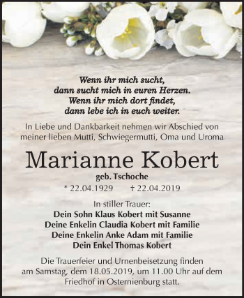 Traueranzeige von Marianne Kobert von WVG - Wochenspiegel Dessau / Köthen