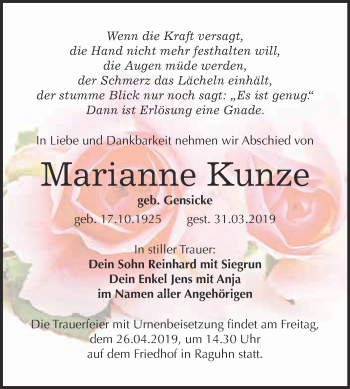 Traueranzeige von Marianne Kunze von WVG - Wochenspiegel Bitterfeld