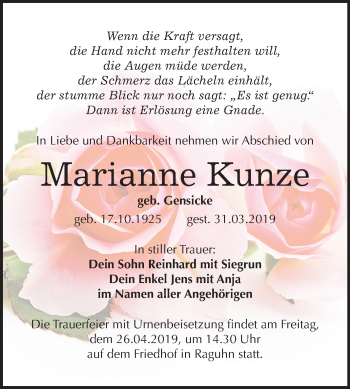 Traueranzeige von Marianne Kunze von Mitteldeutsche Zeitung Bitterfeld