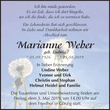 Traueranzeige von Marianne Weber von WVG - Wochenspiegel Dessau / Köthen