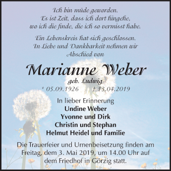 Traueranzeige von Marianne Weber von Mitteldeutsche Zeitung Köthen