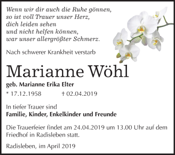 Traueranzeige von Marianne Wöhl von Mitteldeutsche Zeitung Quedlinburg