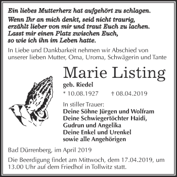 Traueranzeige von Marie Listing von Super Sonntag Merseburg