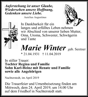 Traueranzeige von Marie Winter von Mitteldeutsche Zeitung Aschersleben