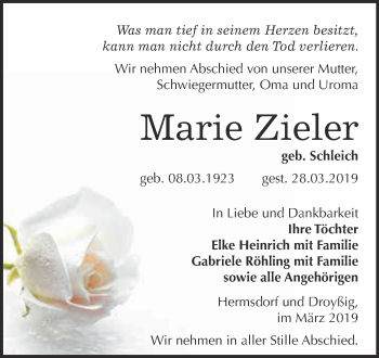 Traueranzeige von Marie Zieler von WVG - Wochenspiegel NMB / WSF / ZTZ