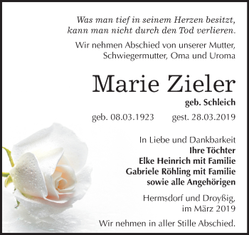 Traueranzeige von Marie Zieler von Mitteldeutsche Zeitung Zeitz