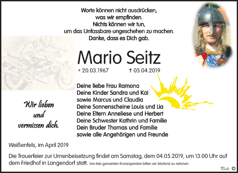  Traueranzeige für Mario Seitz vom 13.04.2019 aus Mitteldeutsche Zeitung Weißenfels