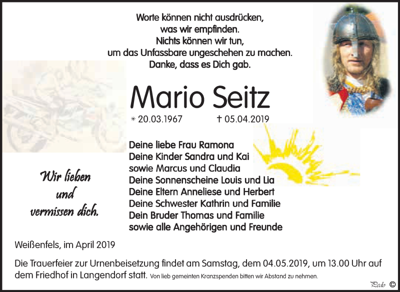  Traueranzeige für Mario Seitz vom 15.04.2019 aus WVG - Wochenspiegel NMB / WSF / ZTZ