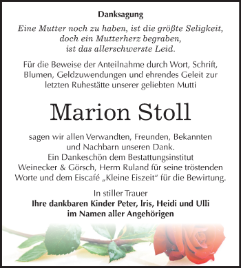 Traueranzeige von Marion Stoll von Mitteldeutsche Zeitung Bernburg