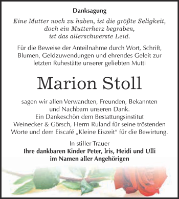 Traueranzeige von Marion Stoll von Super Sonntag Bernburg
