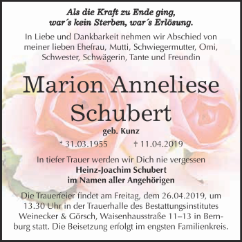 Traueranzeige von Marion Anneliese Schubert von Super Sonntag Bernburg
