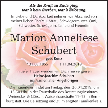 Traueranzeige von Marion Anneliese Schubert von Mitteldeutsche Zeitung Bernburg