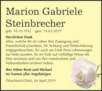 Traueranzeige von Marion Gabriele Steinbrecher von WVG - Wochenspiegel NMB / WSF / ZTZ