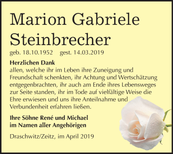 Traueranzeige von Marion Gabriele Steinbrecher von Mitteldeutsche Zeitung Zeitz
