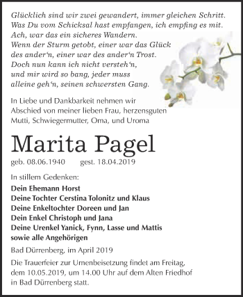 Traueranzeige von Marita Pagel von Super Sonntag Merseburg