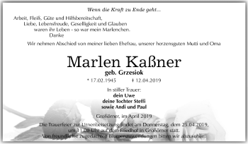 Traueranzeige von Marlen Kaßner von Mitteldeutsche Zeitung