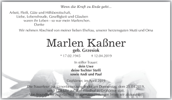Traueranzeige von Marlen Kaßner von Super Sonntag SGH Mansf. Land