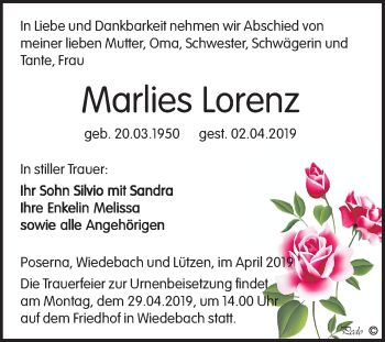 Traueranzeige von Marlies Lorenz von Mitteldeutsche Zeitung Weißenfels
