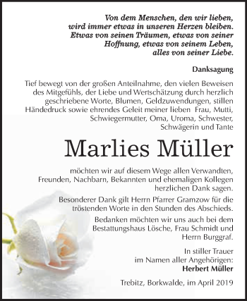 Traueranzeige von Marlies Müller von WVG - Wochenspiegel Wittenberg