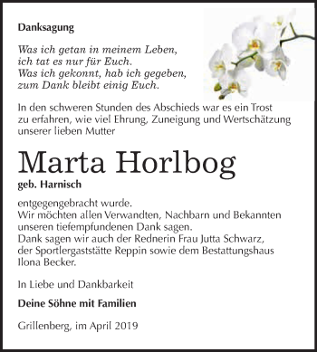 Traueranzeige von Marta Horlbog von Super Sonntag SGH Mansf. Land