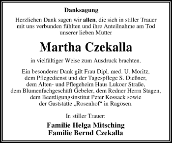 Traueranzeige von Martha Czekalla von WVG - Wochenspiegel Dessau / Köthen