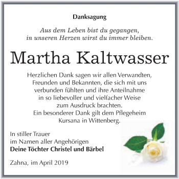 Traueranzeige von Martha Kaltwasser von WVG - Wochenspiegel Wittenberg