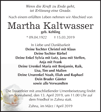 Traueranzeige von Martha Kaltwasser von WVG - Wochenspiegel Wittenberg