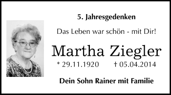 Traueranzeige von Martha Ziegler von Mitteldeutsche Zeitung Merseburg/Querfurt