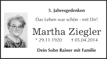 Traueranzeige von Martha Ziegler von Super Sonntag Quedlinburg