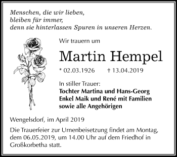Traueranzeige von Martin Hempel von Mitteldeutsche Zeitung