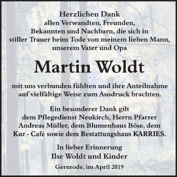 Traueranzeige von Martin Woldt von WVG - Wochenspiegel Quedlinburg