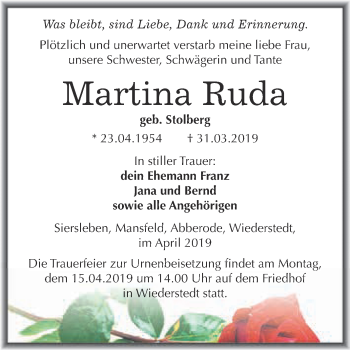 Traueranzeige von Martina Ruda von Wochenspiegel Mansfelder Land