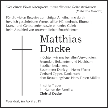 Traueranzeige von Matthias Ducke von Super Sonntag Aschersleben