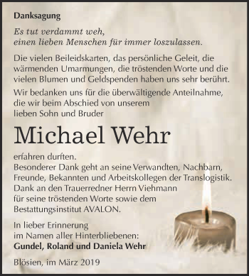 Traueranzeige von Michael Wehr von WVG - Wochenspiegel Merseburg
