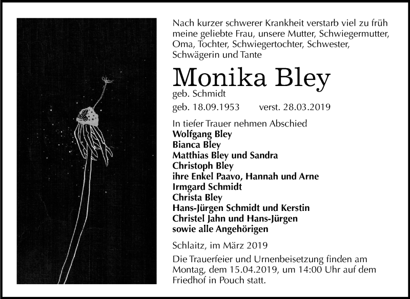  Traueranzeige für Monika Bley vom 06.04.2019 aus Mitteldeutsche Zeitung Wittenberg