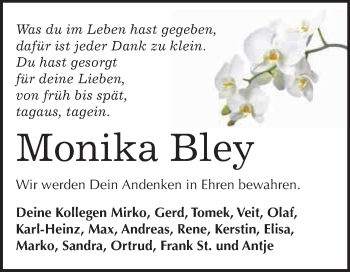 Traueranzeige von Monika Bley von WVG - Wochenspiegel Bitterfeld