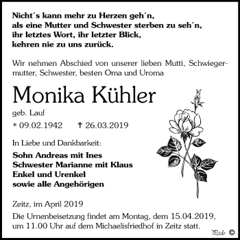 Traueranzeige von Monika Kühler von Mitteldeutsche Zeitung Zeitz