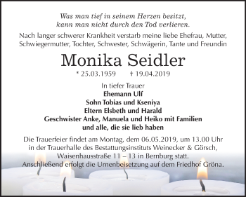 Traueranzeige von Monika Seidler von Mitteldeutsche Zeitung
