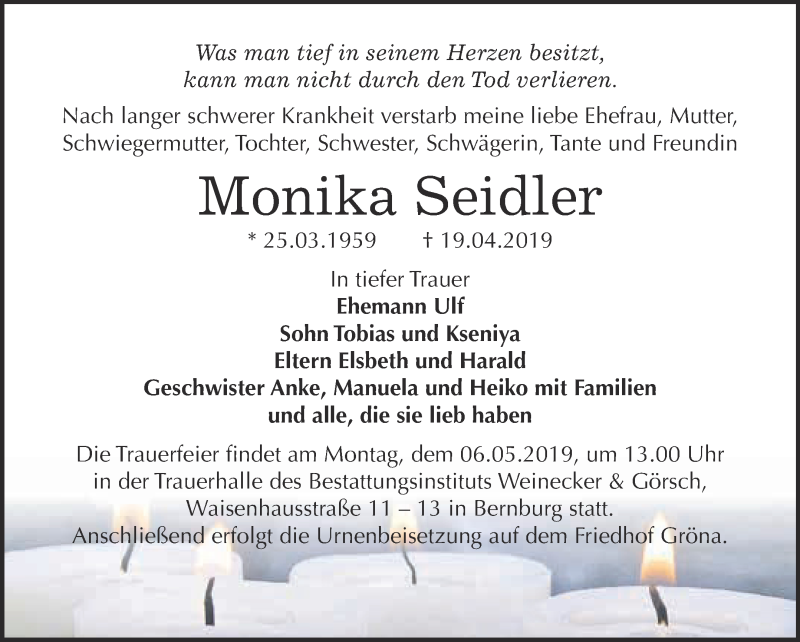  Traueranzeige für Monika Seidler vom 27.04.2019 aus Super Sonntag Bernburg