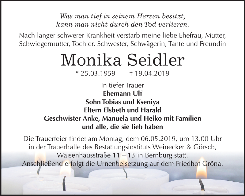  Traueranzeige für Monika Seidler vom 27.04.2019 aus Mitteldeutsche Zeitung