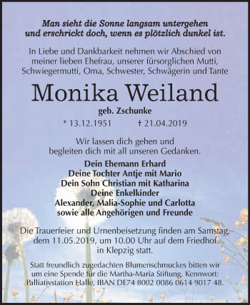 Traueranzeige von Monika Weiland von WVG - Wochenspiegel Dessau / Köthen