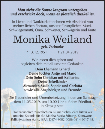 Traueranzeige von Monika Weiland von Mitteldeutsche Zeitung