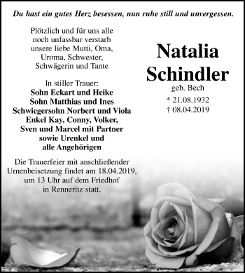 Traueranzeige von Natalia Schindler von Mitteldeutsche Zeitung Bitterfeld