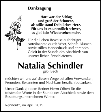 Traueranzeige von Natalia Schindler von Mitteldeutsche Zeitung